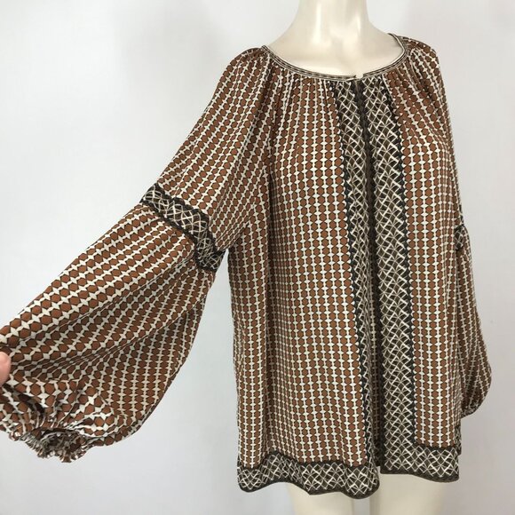 MAX STUDIO - WOMEN'S 2X - BROWN /CREAM LONG FLOWY SLEEVES ROUND NECK TOP SHIRT - Picture 2 of 6